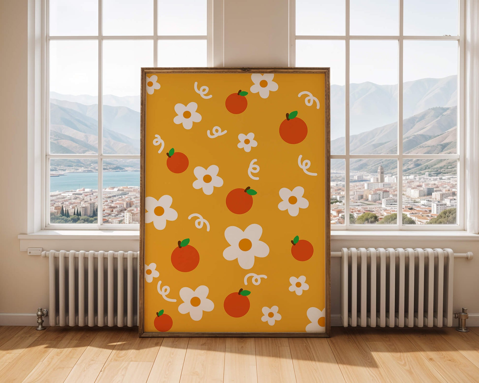 Playful floral and fruity pattern on a vibrant yellow background