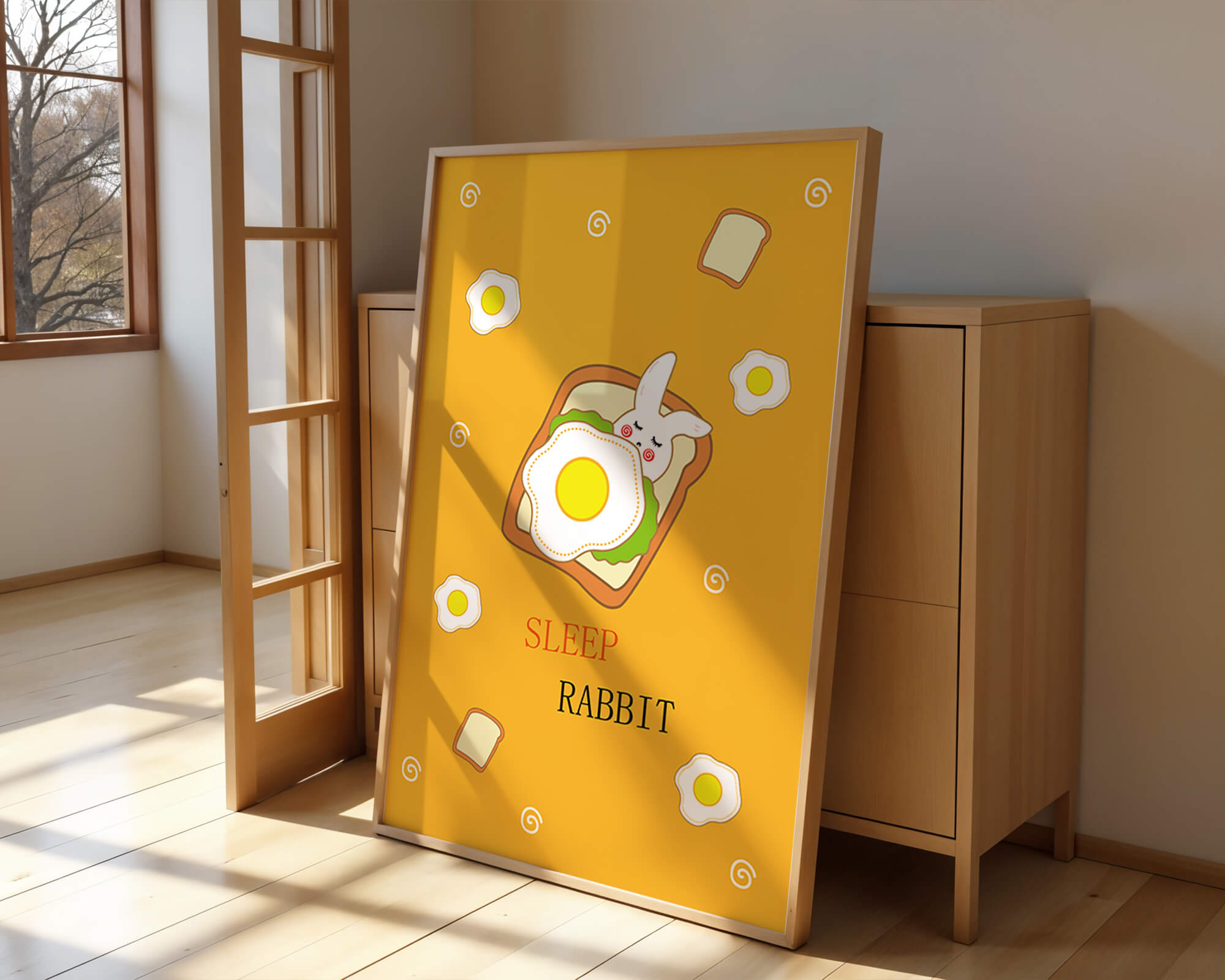 cute rabbit sleeping on toast with fried egg design