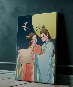 Elegant illustration of traditional attire with scroll and swallows under a full moon