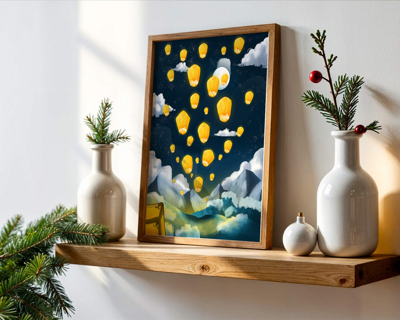 Lanterns floating in a starry night sky over mountains
