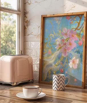 Beautiful Cherry Blossom Branch with Golden Highlights on a Soft Blue Background - Mi tienda