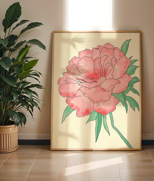Delicate Pink Peony with Green Leaves Illustration