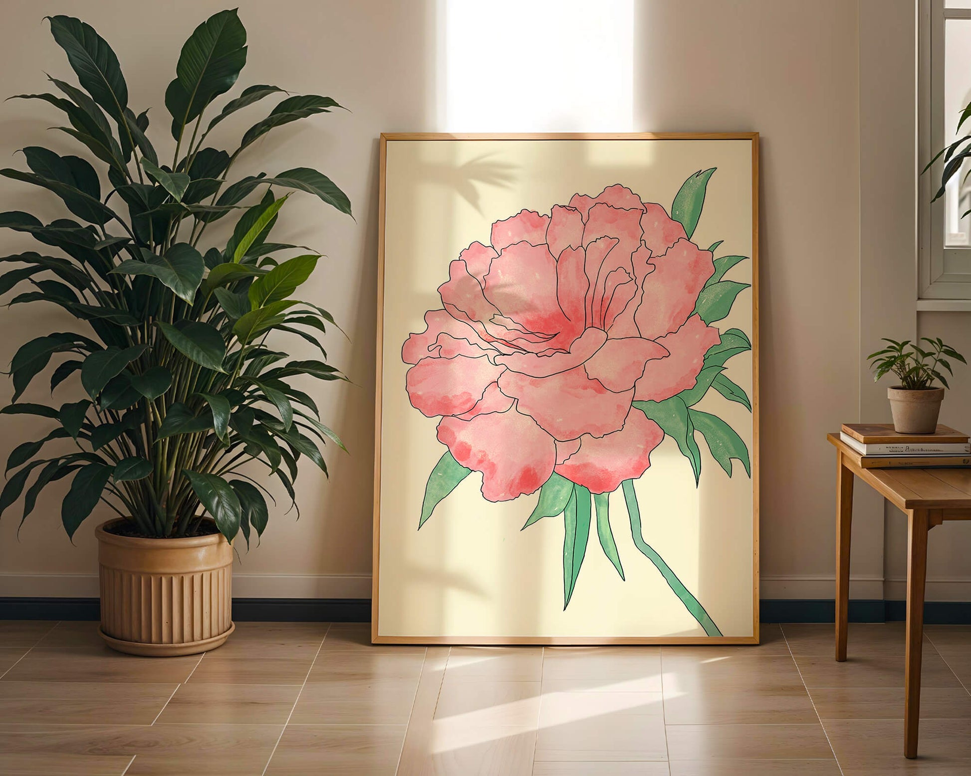 Delicate Pink Peony with Green Leaves Illustration