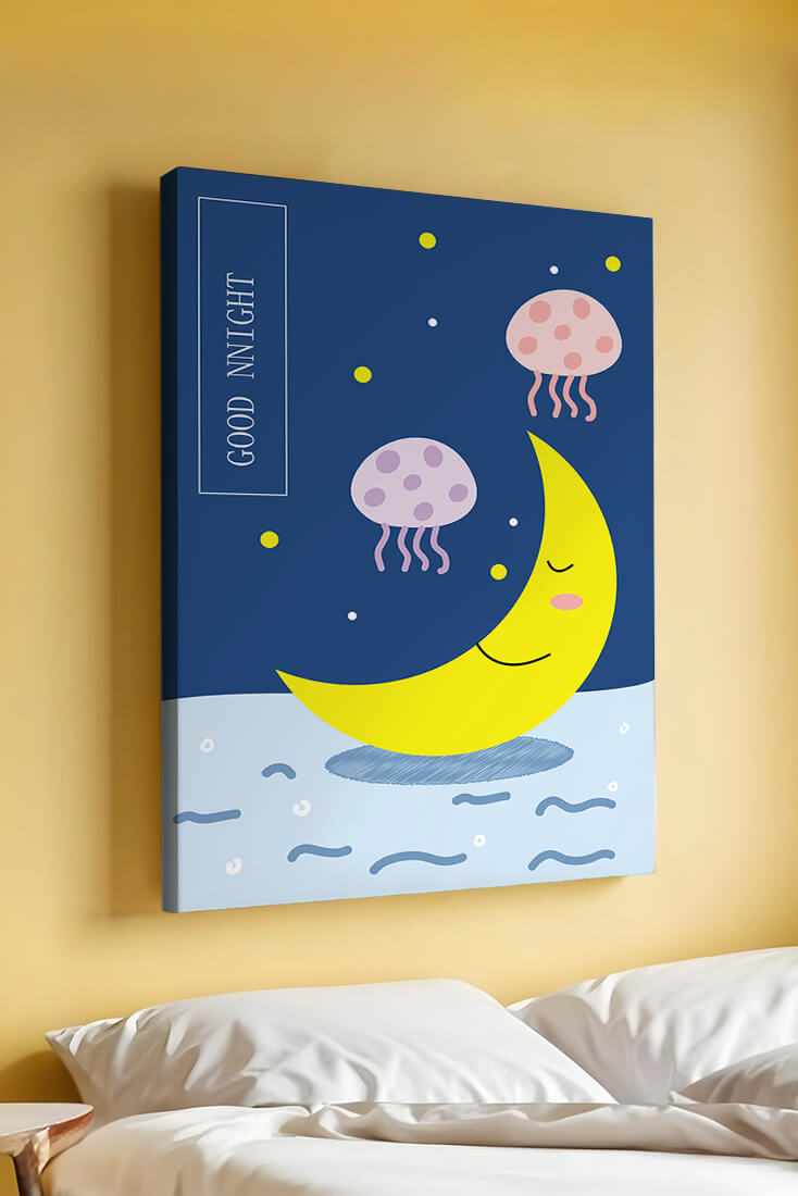 Whimsical night scene with a smiling moon and playful jellyfish