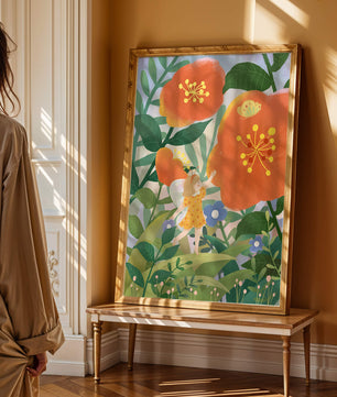Whimsical illustration of a fairy child in a vibrant floral landscape