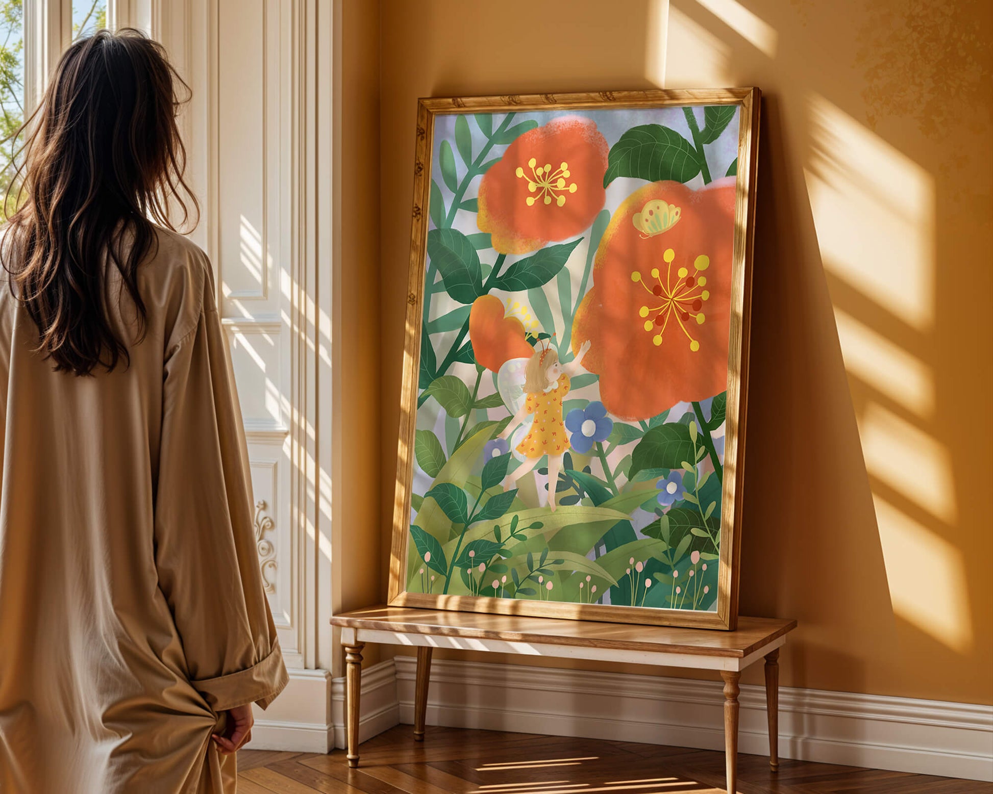 Whimsical illustration of a fairy child in a vibrant floral landscape