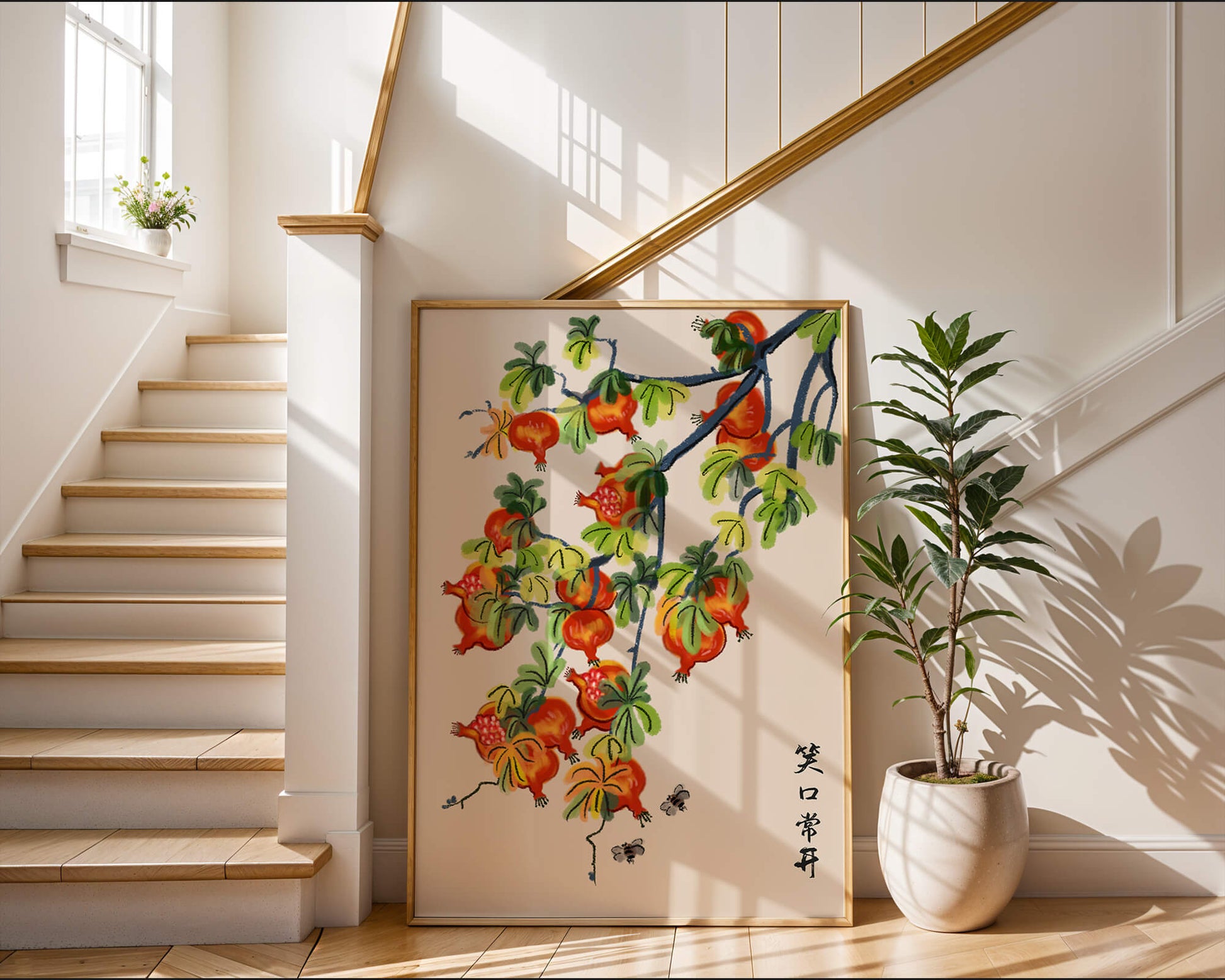 Artistic illustration of vibrant pomegranates on a branch with Asian aesthetic