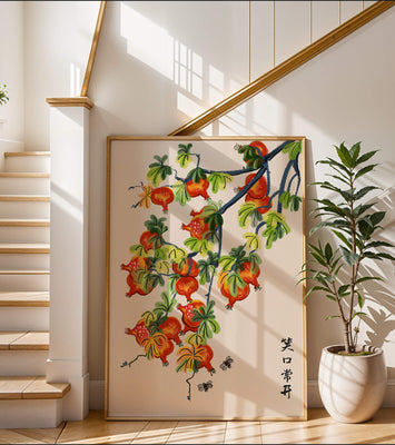 Artistic illustration of vibrant pomegranates on a branch with Asian aesthetic
