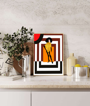 Ilustración de moda con figura en dorado y fondo geométrico