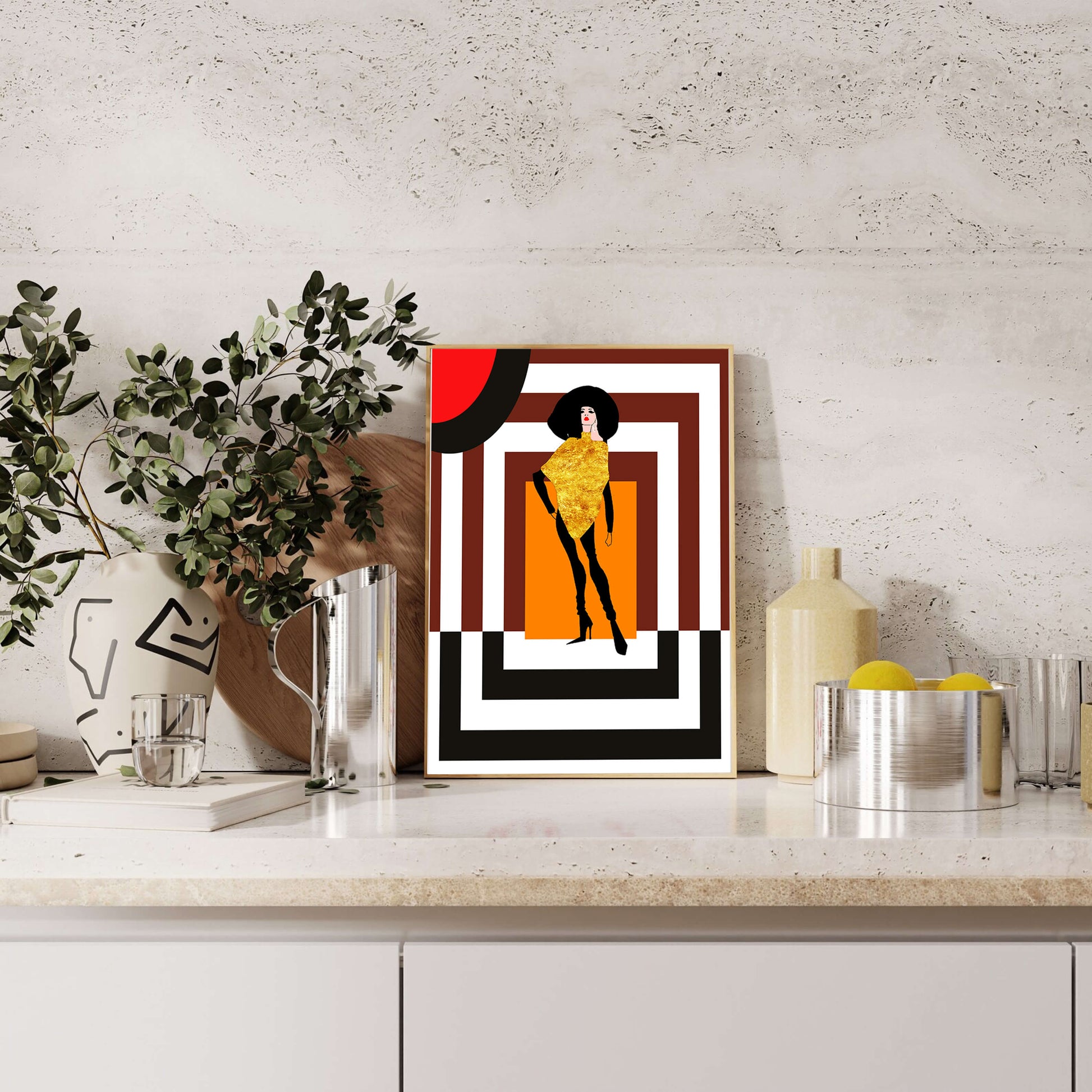 Fashion Illustration with Figure in Gold and Geometric Background
