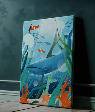Underwater scene with whale, fish, and sea plants illustration