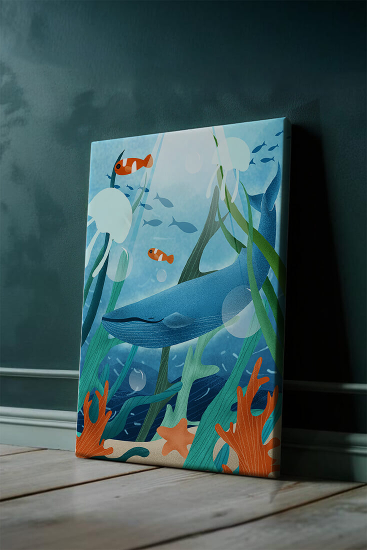 Underwater scene with whale, fish, and sea plants illustration