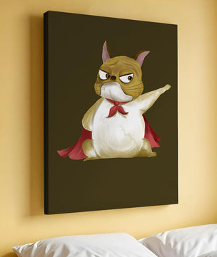 Cartoon superhero dog with red cape illustrating playful strength