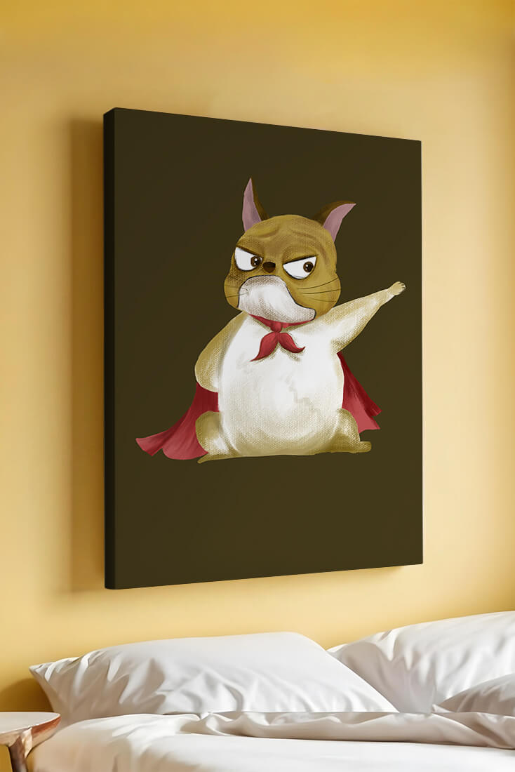 Cartoon superhero dog with red cape illustrating playful strength