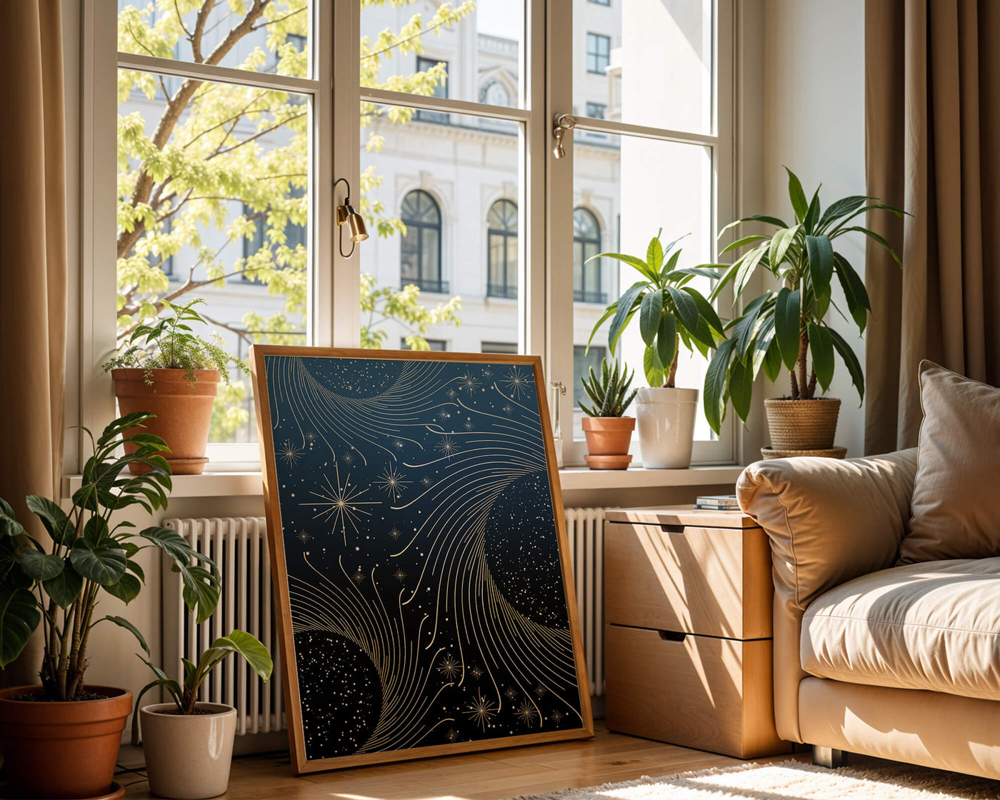 Elegant starry night with golden cosmic swirls