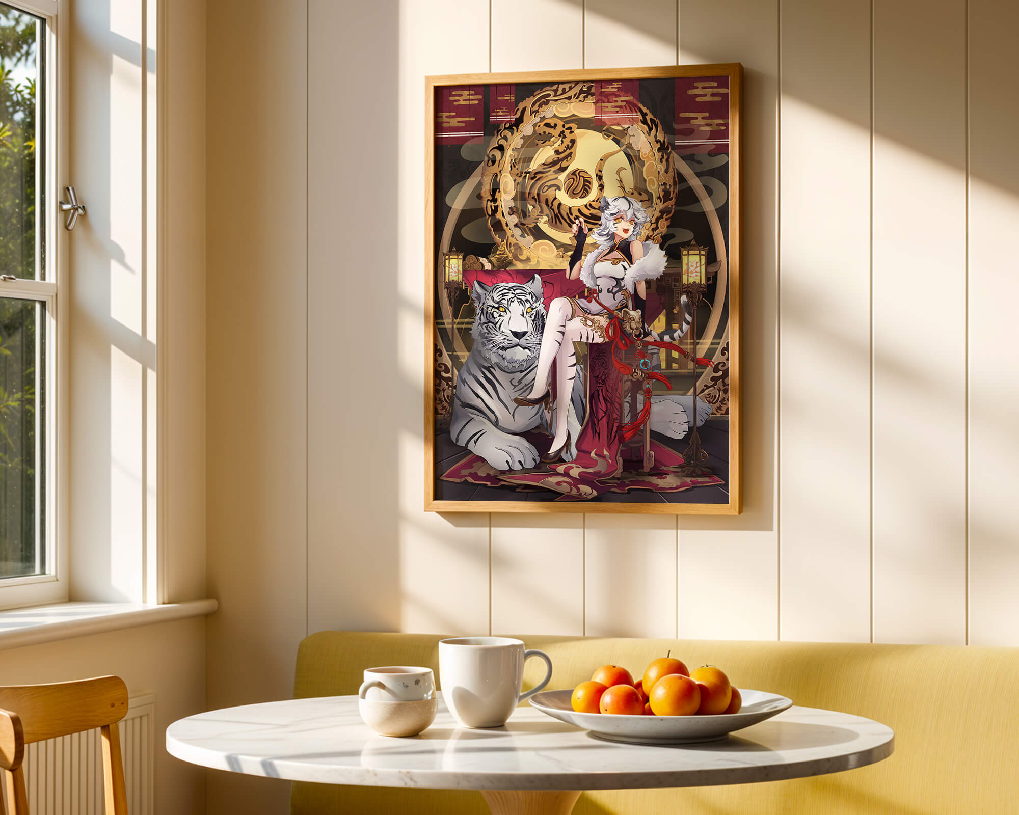 Elegant fantasy character with mystical tiger and ornate decor