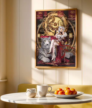 Elegant fantasy character with mystical tiger and ornate decor
