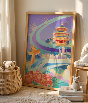 Colorful futuristic landscape with traditional Chinese architecture and high-speed train