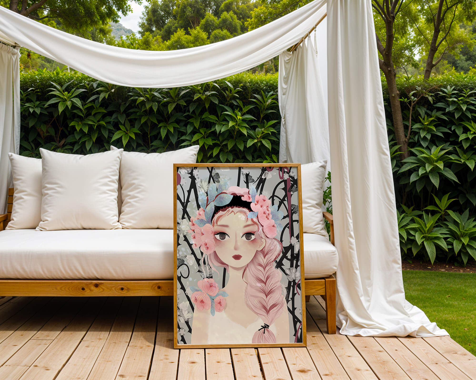 Illustration of a girl with floral headpiece against abstract floral background