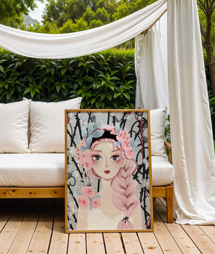 Illustration of a girl with floral headpiece against abstract floral background