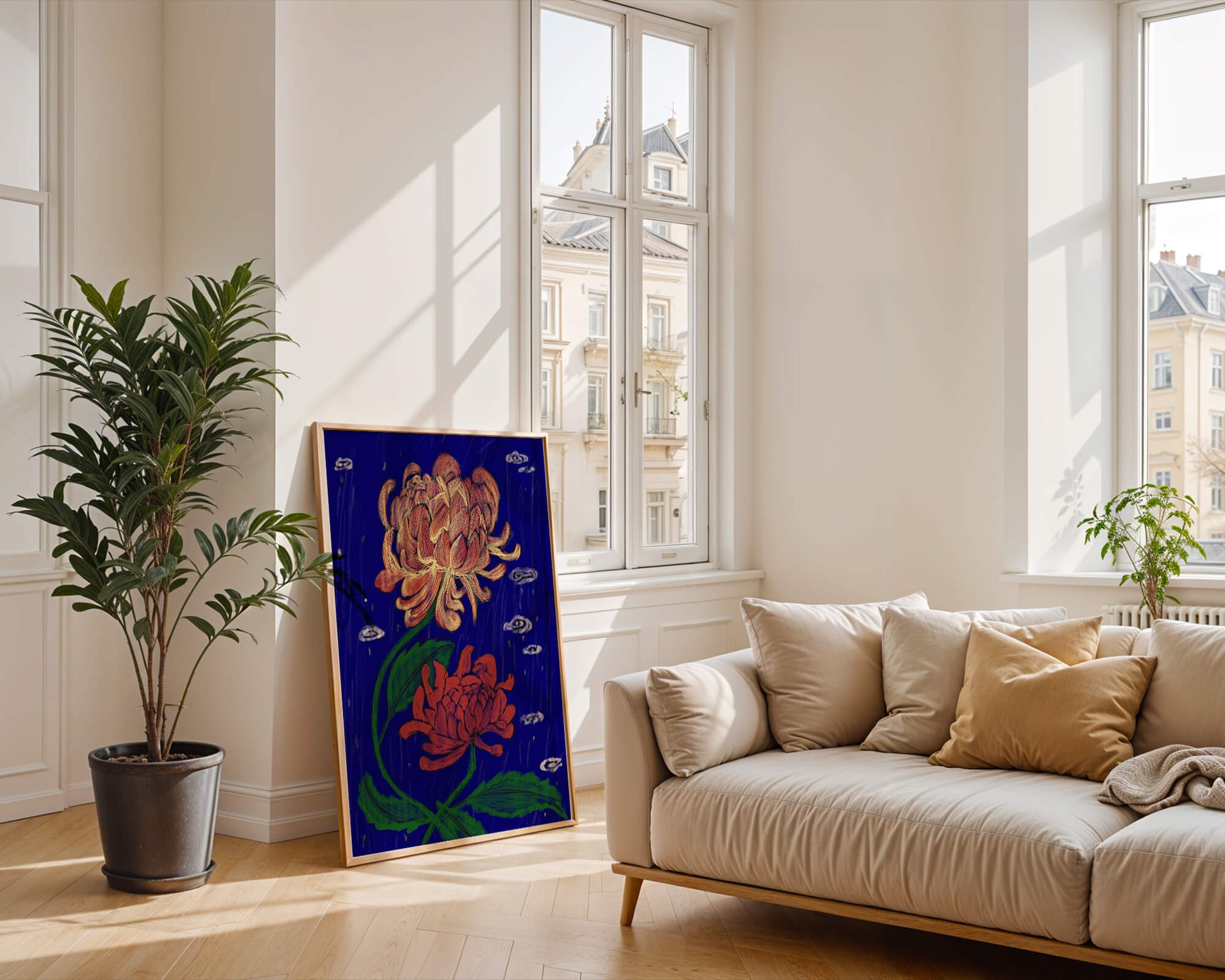 Colorful chrysanthemum illustration on dark blue background