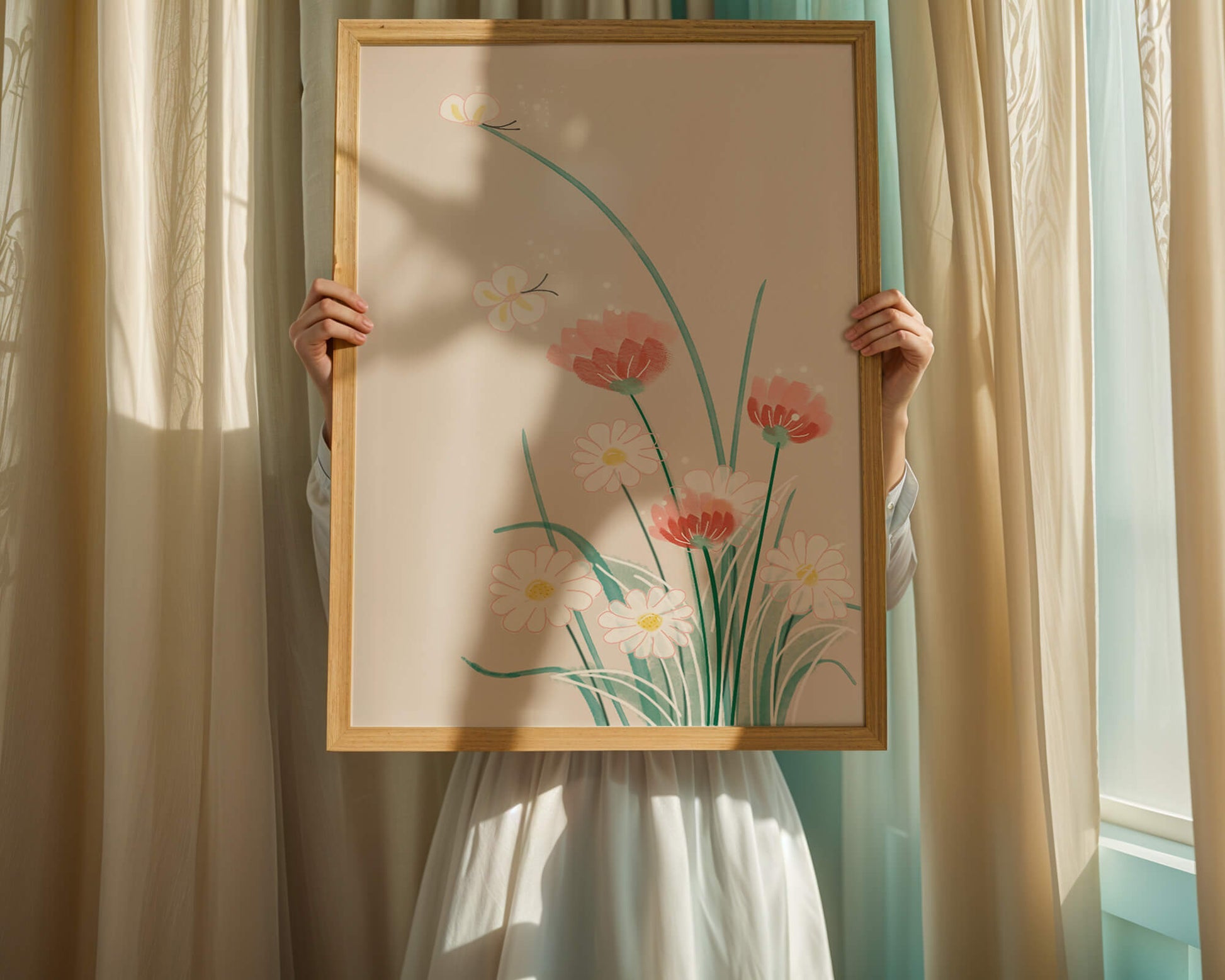 Delicate floral illustration with butterflies and wildflowers