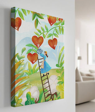 Mujer recolectando frutas en forma de corazón en el vibrante campo