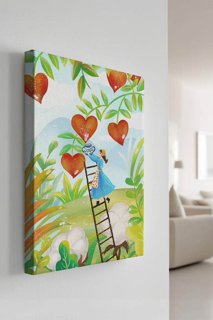 Mujer recolectando frutas en forma de corazón en el vibrante campo