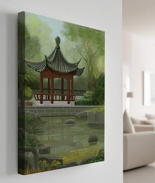 Tranquil Asian garden scene with traditional pagoda and serene pond