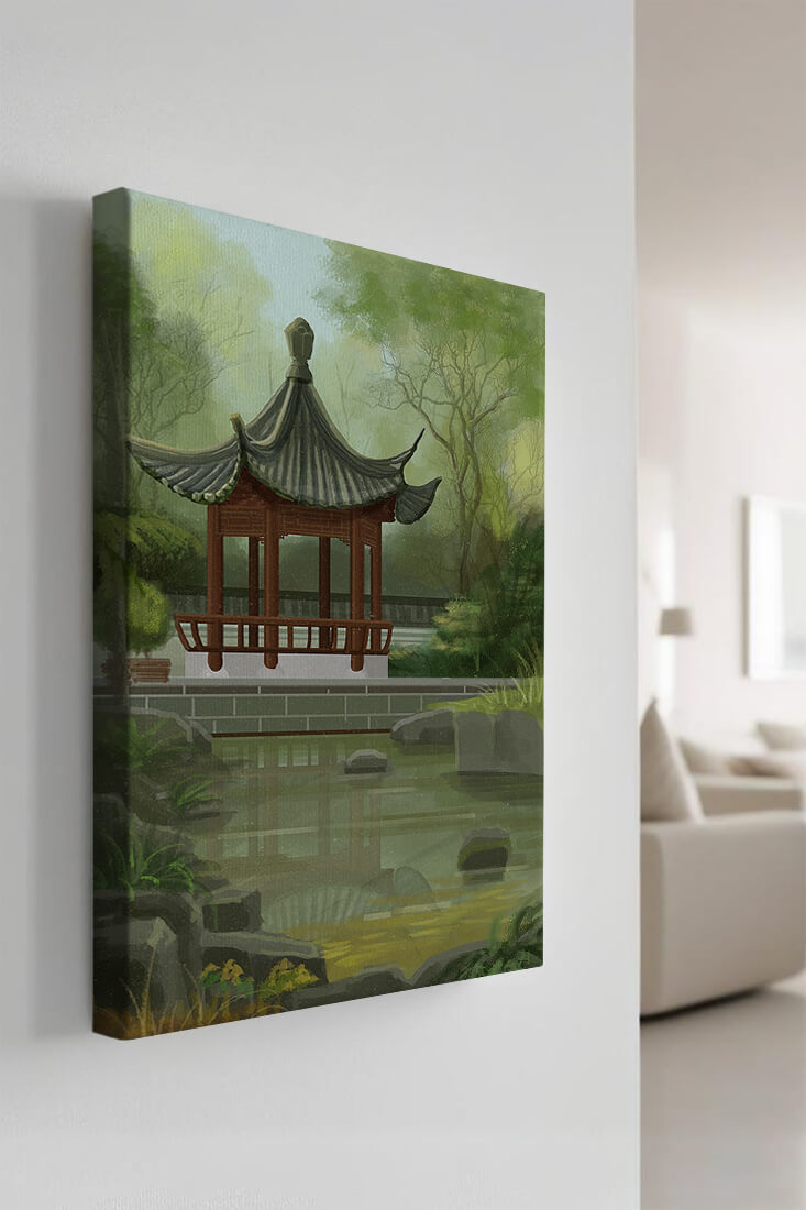 Tranquil Asian garden scene with traditional pagoda and serene pond