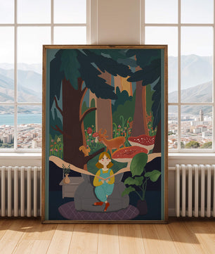 Figura femenina pacífica con criaturas del bosque y vegetación verde exuberante