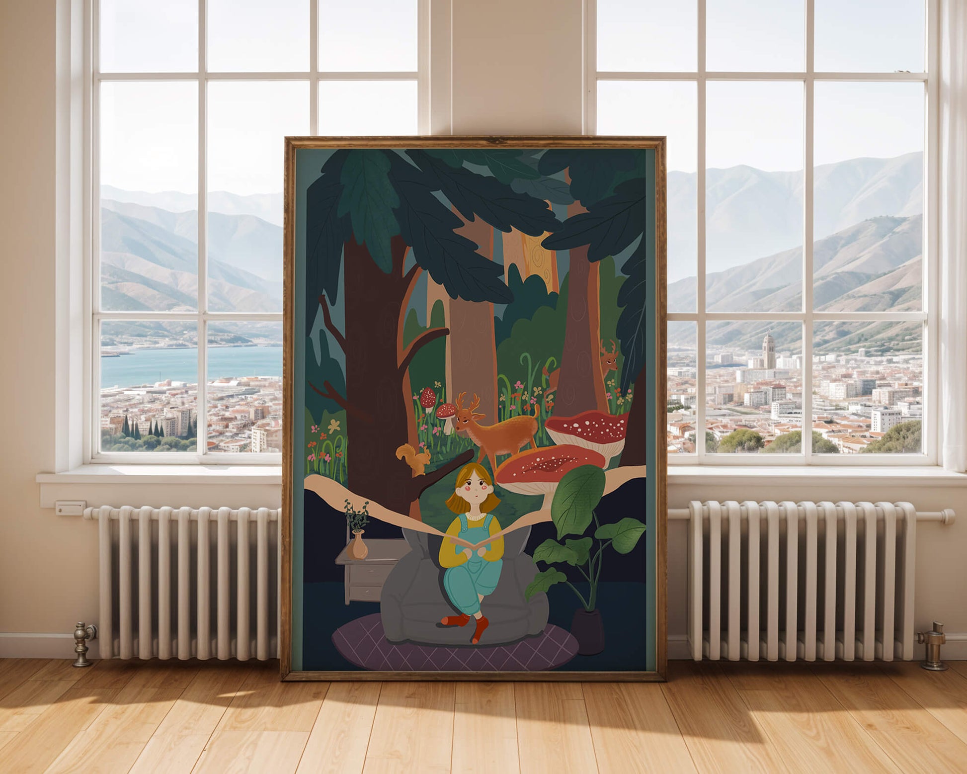 Figura femenina pacífica con criaturas del bosque y vegetación verde exuberante