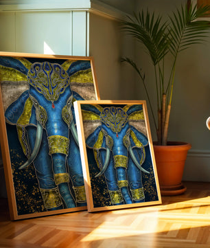 Blue and gold ornate elephant with intricate patterns