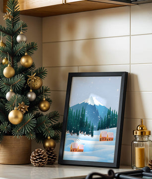 Winter Mountain Landscape with Snowy Cabins and Forest - Mi tienda