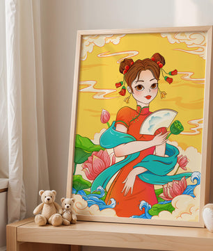 Ilustración oriental que presenta a una chica con atuendo tradicional, un abanico y flores de loto