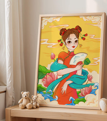 Oriental illustration featuring a girl in traditional attire with a fan and lotus flowers