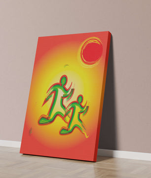 Abstract colorful figures under a vibrant sun with warm tones