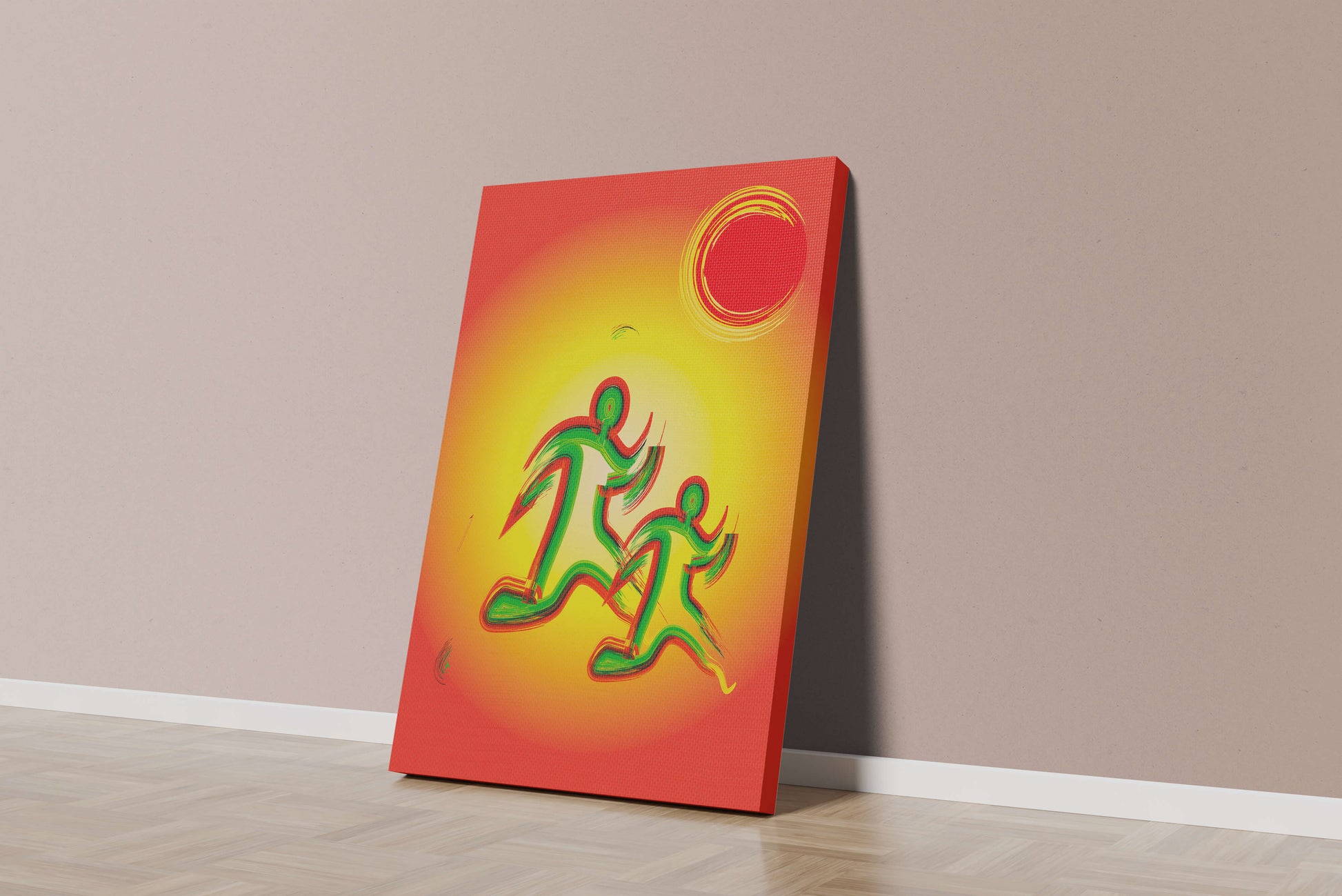 Abstract colorful figures under a vibrant sun with warm tones