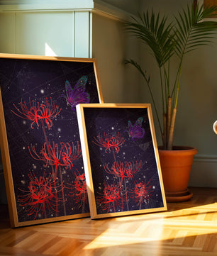 Vivid Night Sky with Red Spider Lilies and Purple Butterfly - Mi tienda