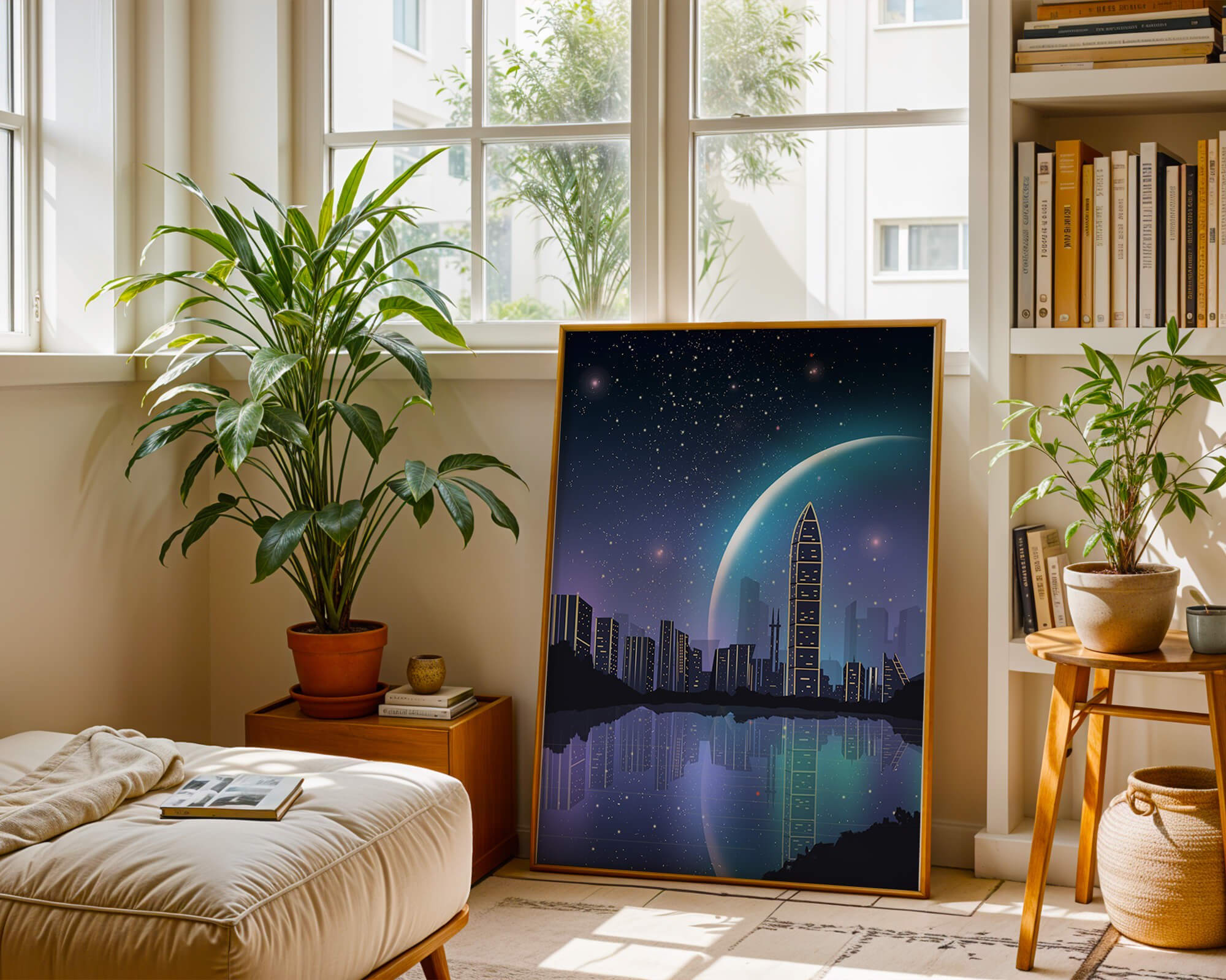 Futuristic cityscape under a starry night sky