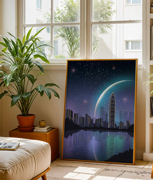 Paisaje urbano futurista bajo un cielo estrellado