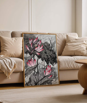 Illustration complexe de fleurs de lotus roses avec des feuilles