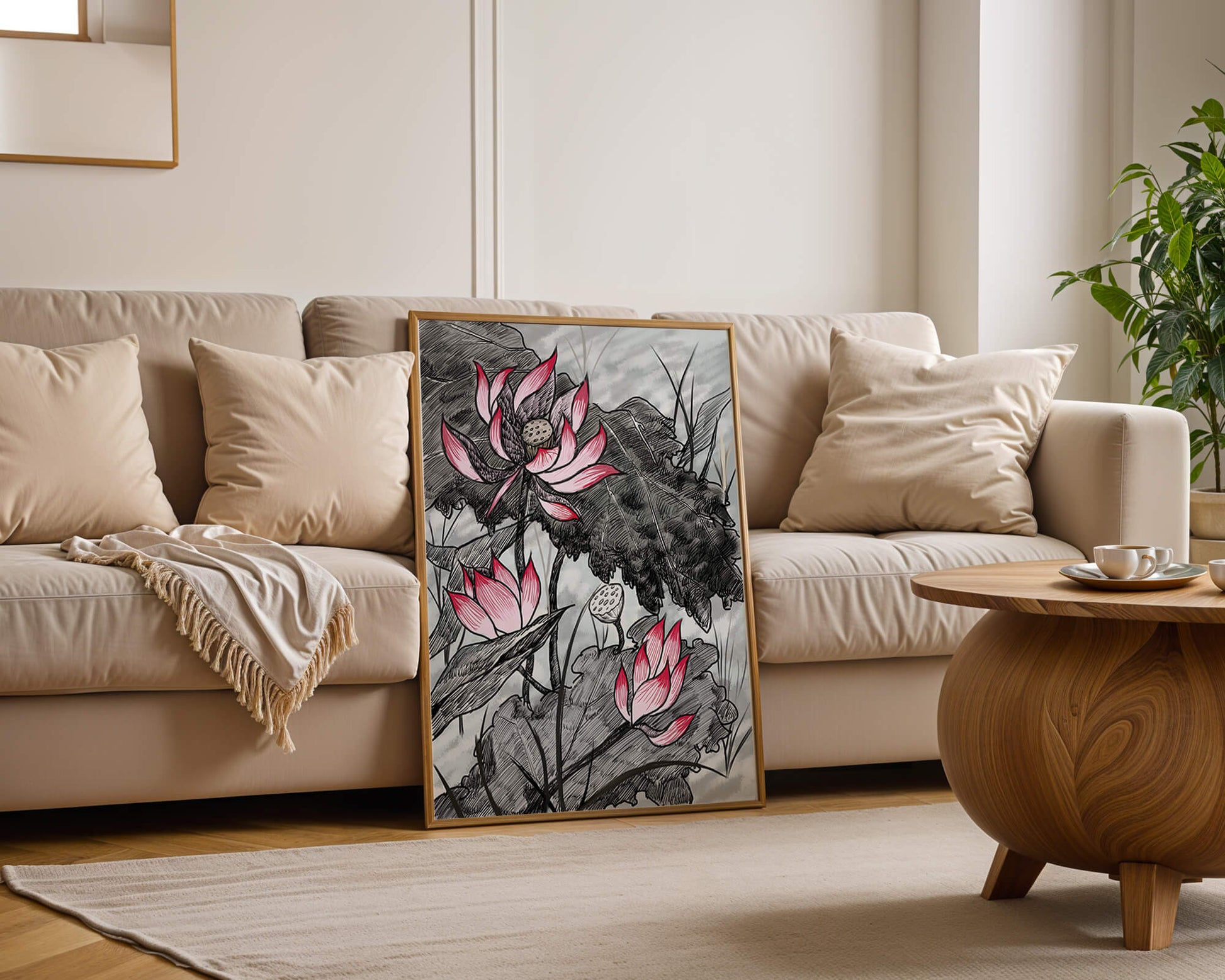 Intricate Illustration of Pink Lotus Flowers with Leaves