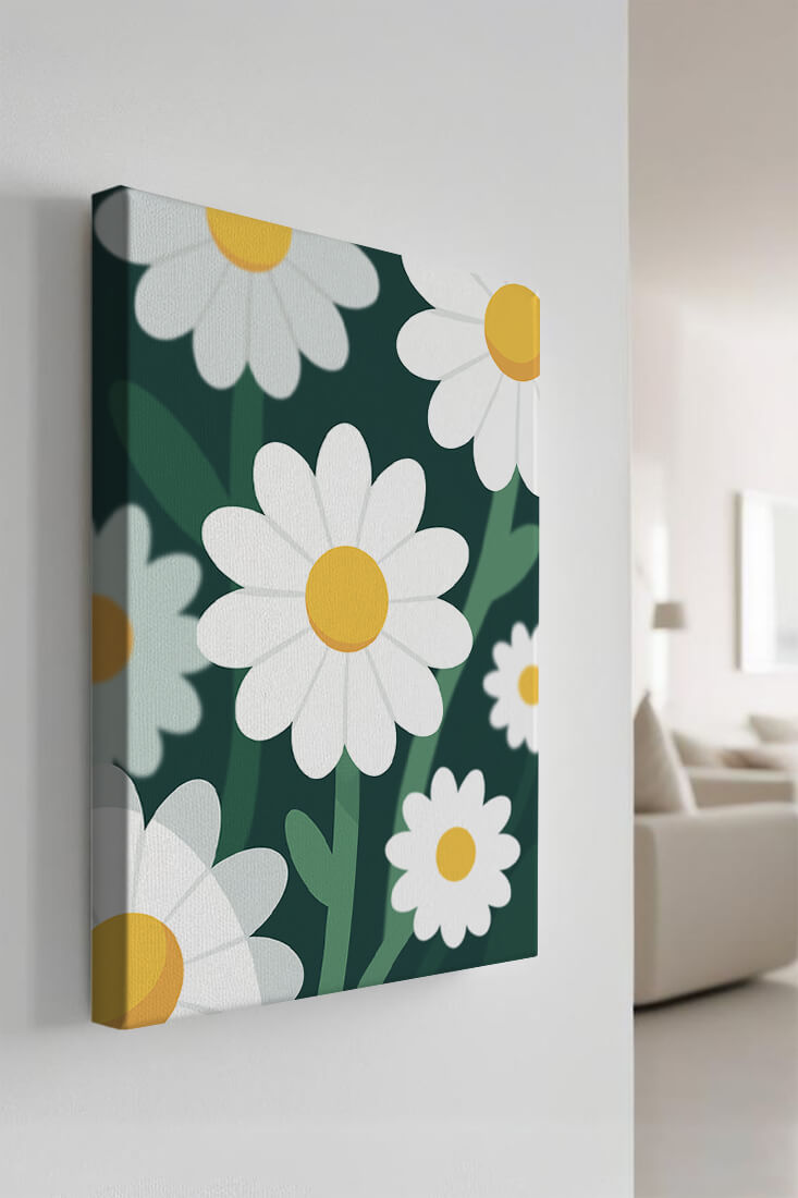 Margaritas sobre fondo verde oscuro con diseño abstracto