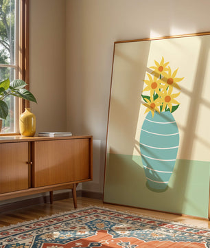 Yellow Sunflowers in a Blue Striped Vase on a Minimalist Background - Mi tienda