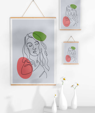 Line Art Portrait auf grauem Hintergrund mit Farbakzenten 