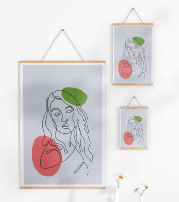 Line Art Portrait on Gray Background with Color Accents