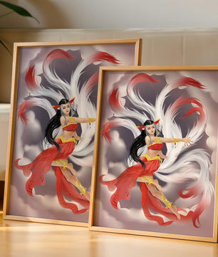 Graceful fantasy fox spirit with flowing tails and red attire in mystical clouds
