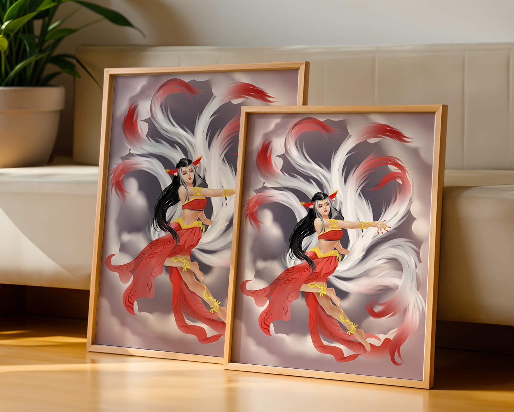 Graceful fantasy fox spirit with flowing tails and red attire in mystical clouds