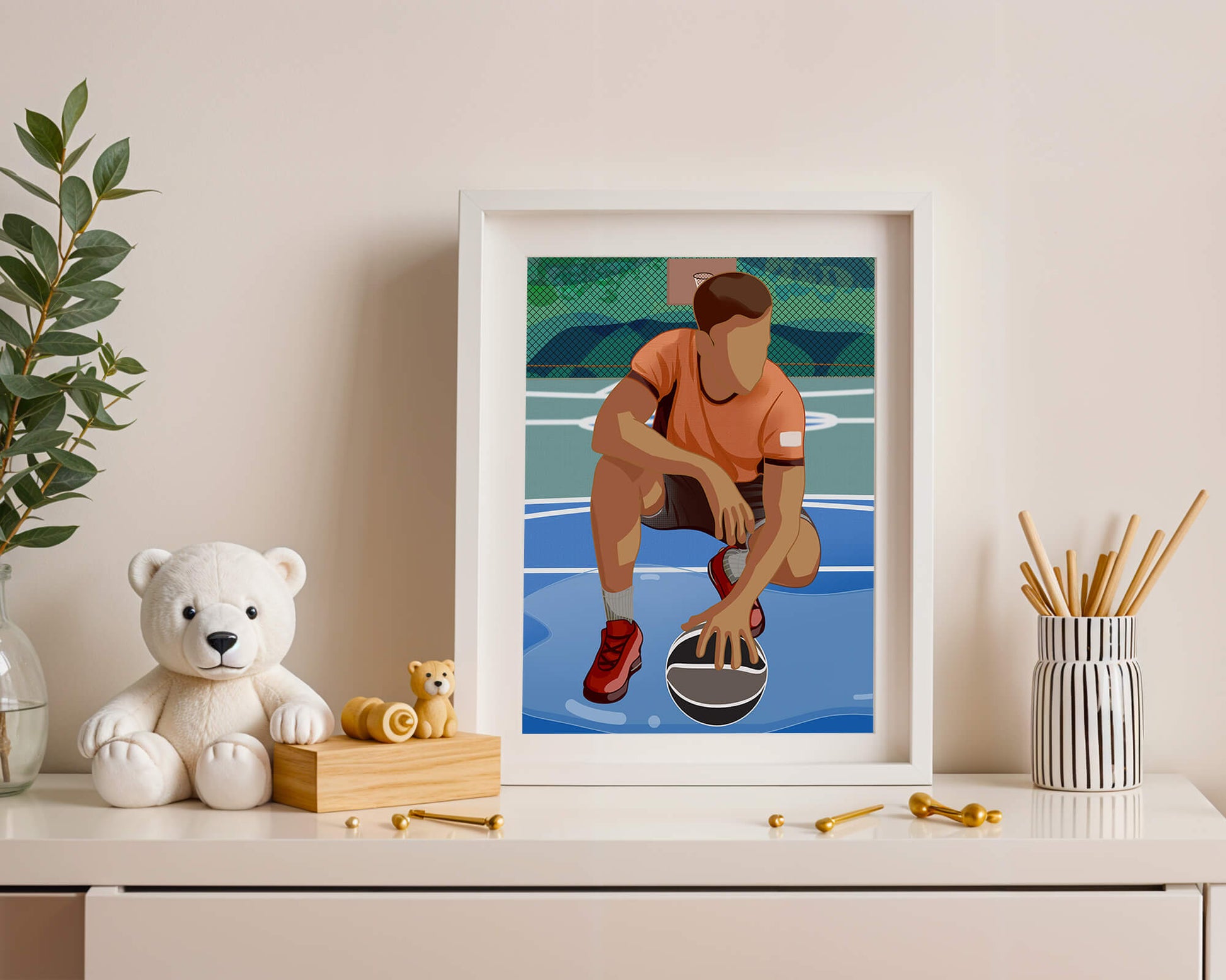 Illustration of a basketball player on a court in a dynamic pose
